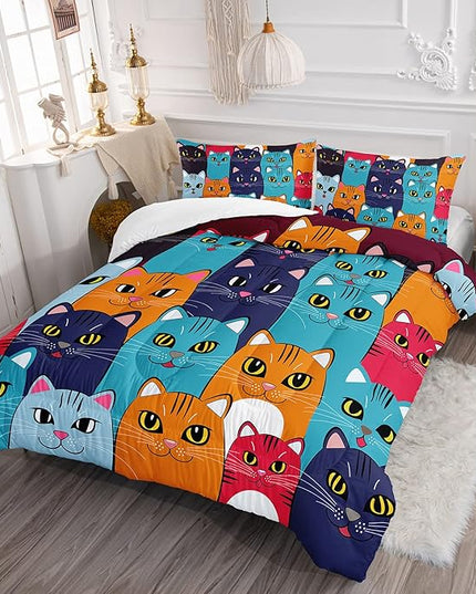 Axolotl Cartoon Cat Comforter Set Kids Bedding Queen Size,Cute Colorful Cat Bedding Set for Kids Boys Girls Adults Teens Room Decor,Kids Comforter Set All Season,1 Comforter 2 Pillow Cases - LeafyLoom