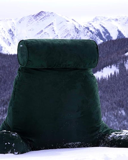Husband Pillow XXL Aspen Edition, Adult Reading Sit Up Bed Rest Pillow for Bed with Arms & Neck Roll on Bungee Cord - Premium Memory Foam, Reversible 2 Sided Cover Micro Suede or Plush, Ramona Green - LeafyLoom