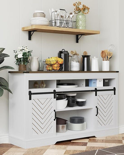 Farmhouse TV Stand with Sliding Barn Door for TVs up to 65+ Inch, 34" Tall Entertainment Center, Wood Media Console Storage Cabinet for Bedroom, Living Room, Rustic and Oak White - LeafyLoom