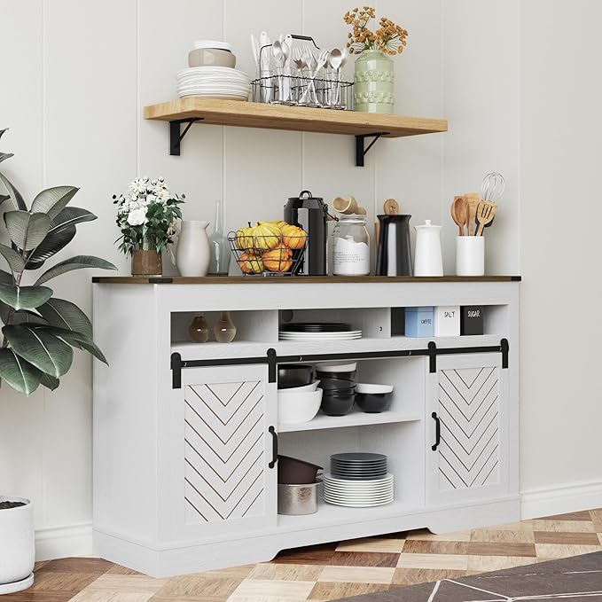 Farmhouse TV Stand with Sliding Barn Door for TVs up to 65+ Inch, 34" Tall Entertainment Center, Wood Media Console Storage Cabinet for Bedroom, Living Room, Rustic and Oak White - LeafyLoom