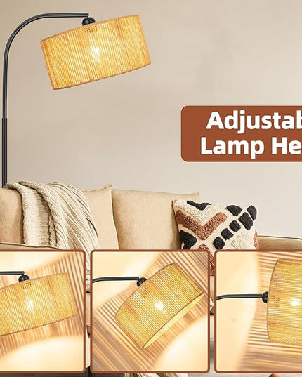 Boho Standing Lamp with Dimmable Bulb Nartual Rattan Adjustable Lampshade, Black Modern Farmhouse Rattan Floor Lamp for Living Room, Bedroom, Office, Classroom - LeafyLoom