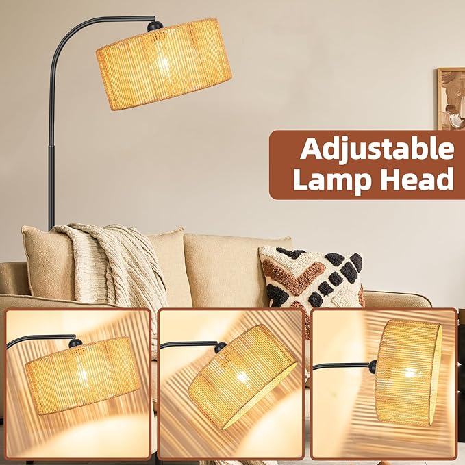 Boho Standing Lamp with Dimmable Bulb Nartual Rattan Adjustable Lampshade, Black Modern Farmhouse Rattan Floor Lamp for Living Room, Bedroom, Office, Classroom - LeafyLoom