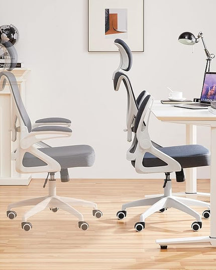 Yaheetech Ergonomic Mesh Office Chair, High Back Desk Chair with with flip-up Armrests, Adjustable Padded Headrest Computer Chair with Lumbar Support for Home Oiffce Game Room, White/Gray - LeafyLoom