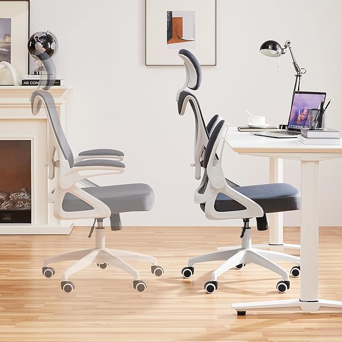 Yaheetech Ergonomic Mesh Office Chair, High Back Desk Chair with with flip-up Armrests, Adjustable Padded Headrest Computer Chair with Lumbar Support for Home Oiffce Game Room, White/Gray - LeafyLoom