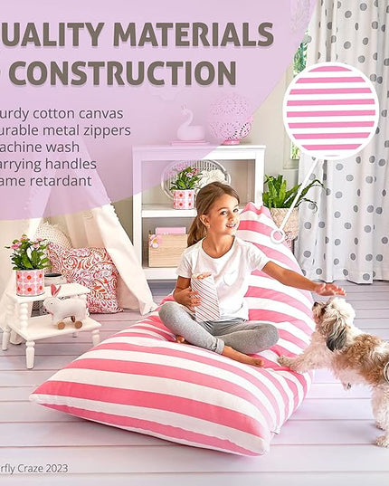 Butterfly Craze Bean Bag Chair Cover, Functional Toddler Toy Organizer, Fill with Stuffed Animals to Create a Jumbo, Comfy Floor Lounger for Boys or Girls, Stuffing Not Included, Light Pink Stripes - LeafyLoom