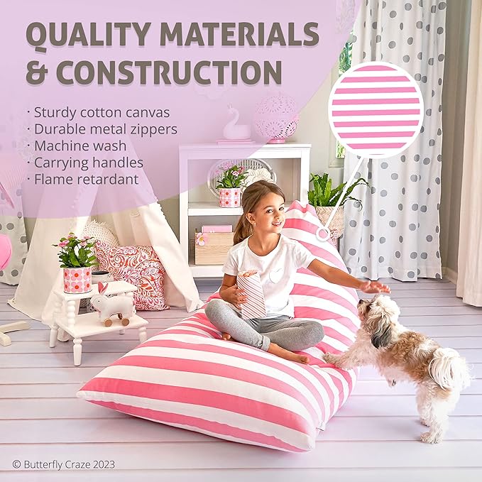 Butterfly Craze Bean Bag Chair Cover, Functional Toddler Toy Organizer, Fill with Stuffed Animals to Create a Jumbo, Comfy Floor Lounger for Boys or Girls, Stuffing Not Included, Light Pink Stripes - LeafyLoom