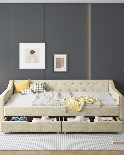 Full Size Upholstered Daybed with 2 Drawers,Wood Sofa Bed Frame W/Button Tufted Backrest and Waved Shape Arms,Slats Support,Linen Fabric Day Bed,for Bedroom,Living Room,Apartment,Beige - LeafyLoom