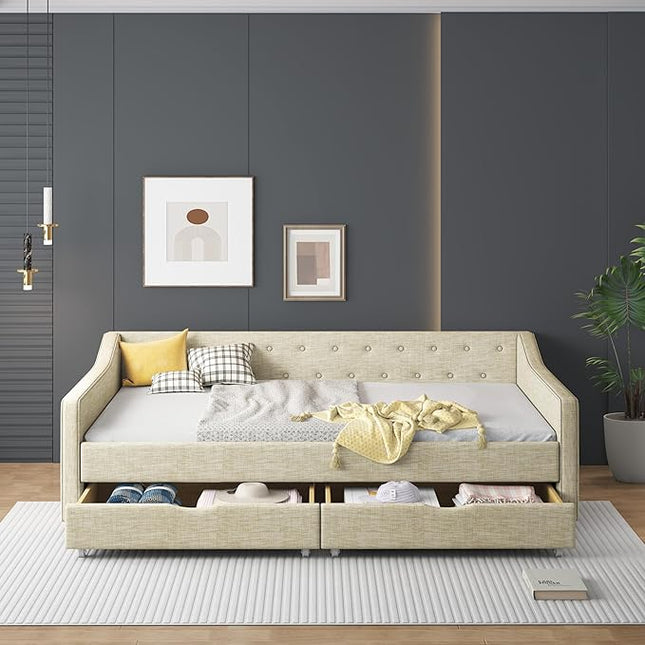 Full Size Upholstered Daybed with 2 Drawers,Wood Sofa Bed Frame W/Button Tufted Backrest and Waved Shape Arms,Slats Support,Linen Fabric Day Bed,for Bedroom,Living Room,Apartment,Beige - LeafyLoom