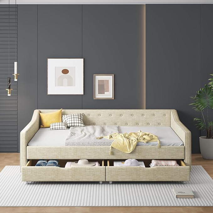 Full Size Upholstered Daybed with 2 Drawers,Wood Sofa Bed Frame W/Button Tufted Backrest and Waved Shape Arms,Slats Support,Linen Fabric Day Bed,for Bedroom,Living Room,Apartment,Beige - LeafyLoom