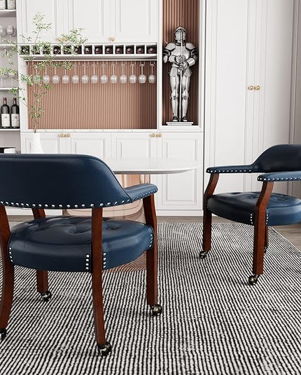 Dining Chairs with Casters and Arms, Rolling Dining Chairs with Wheels, Accent Game Poker Table Chairs, Solid Wood Boss Caption's Chairs Office Desk Chairs, Cherry Legs & Blue SY-1533-LB - LeafyLoom