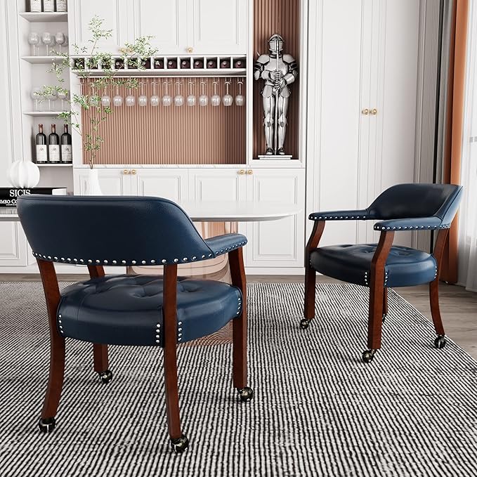 Dining Chairs with Casters and Arms, Rolling Dining Chairs with Wheels, Accent Game Poker Table Chairs, Solid Wood Boss Caption's Chairs Office Desk Chairs, Cherry Legs & Blue SY-1533-LB - LeafyLoom
