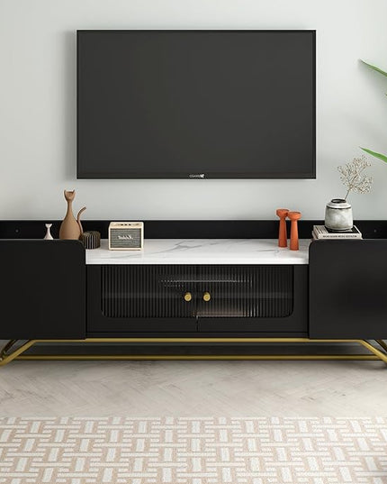 LUSAPZ Sleek Design TV Stand,Modern TV Stand with Fluted Glass,for TVs Up to 70 Inch,Faux Marble Top TV Console Table with Gold Frame Base,Ideal for Living Room (Black) - LeafyLoom