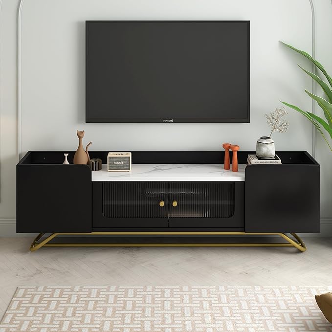 LUSAPZ Sleek Design TV Stand,Modern TV Stand with Fluted Glass,for TVs Up to 70 Inch,Faux Marble Top TV Console Table with Gold Frame Base,Ideal for Living Room (Black) - LeafyLoom