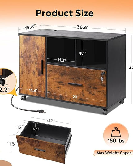 DEVAISE File Cabinet with Charging Station, 1 Drawer Rolling File Cabinet, Locking Filing Cabinet for Home Office, Wood Printer Stand with Storage, Rustic Brown - LeafyLoom