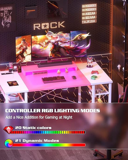 armocity Computer Desk with LED Lights, 48 Inch Desk with Power Outlet and USB, Reversible Large Desk with Moveable Monitor Stand, 48'' Gaming PC Table for Home Office, Workstation, Pink and White - LeafyLoom