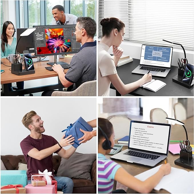 comzler LED Desk Lamp with Wireless Charger,Small Desk Lamps with Pen Phone Holder, Black Desk Lamp for for Home Office,8W 3 Modes Dimmable Touch Lamp, Desktop Study Lamps for College Dorm Room - LeafyLoom