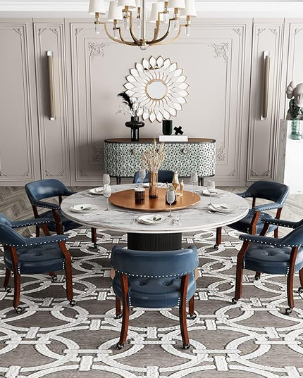 Dining Chairs with Casters and Arms, Rolling Dining Chairs with Wheels, Accent Game Poker Table Chairs, Solid Wood Boss Caption's Chairs Office Desk Chairs, Cherry Legs & Blue SY-1533-LB - LeafyLoom