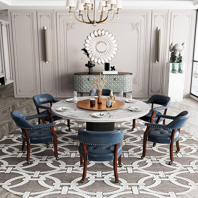 Dining Chairs with Casters and Arms, Rolling Dining Chairs with Wheels, Accent Game Poker Table Chairs, Solid Wood Boss Caption's Chairs Office Desk Chairs, Cherry Legs & Blue SY-1533-LB - LeafyLoom