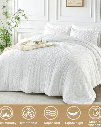 Queen Size Tufted Kids Comforter Set 7 Piece White Jacquard Tufts Embroidery Bedding Set for Boys Girls Bed in A Bag Quilt with 1 Comforter, 1 Flat Sheet, 1 Fitted Sheet, 2 Pillowcase, 2 Pillow Sham - LeafyLoom