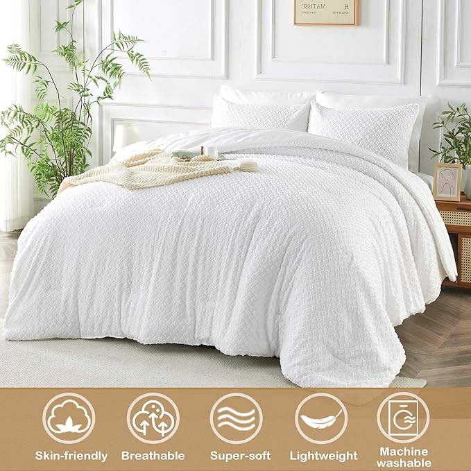 Twin Size Kids Comforter Set 6 Piece White Tufted Bedding Set for Boys Girls Jacquard Tufts Embroidery Bed in A Bag Quilt with 1 Comforter, 1 Flat Sheet, 1 Fitted Sheet, 1 Pillowcase and 2 Pillow Sham - LeafyLoom
