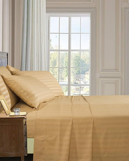 Elegant Comfort Best, Softest, Coziest 6-Piece Sheet Sets! - 1500 Premier Hotel Quality Luxurious Wrinkle Resistant 6-Piece DAMASK STRIPE Bed Sheet Set, Queen Camel/Gold - LeafyLoom