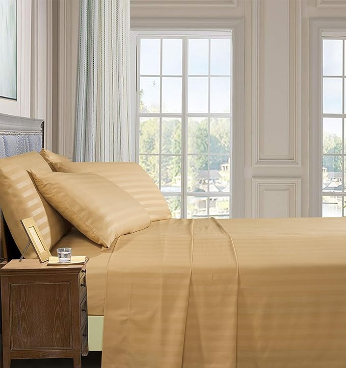 Elegant Comfort Best, Softest, Coziest 6-Piece Sheet Sets! - 1500 Premier Hotel Quality Luxurious Wrinkle Resistant 6-Piece DAMASK STRIPE Bed Sheet Set, Queen Camel/Gold - LeafyLoom