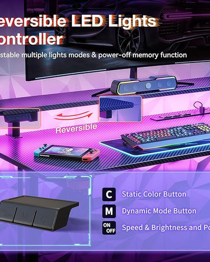 MOTPK Small Gaming Desk with LED Lights & Power Outlets, 39 Inch Computer Desk Gaming Table with Monitor Shelf, Gamer Desk with Carbon Fiber Texture, Kids Boys Desk Gift for Men - LeafyLoom