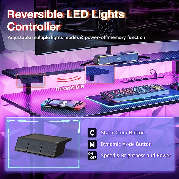 MOTPK Small Gaming Desk with LED Lights & Power Outlets, 39 Inch Computer Desk Gaming Table with Monitor Shelf, Gamer Desk with Carbon Fiber Texture, Kids Boys Desk Gift for Men - LeafyLoom