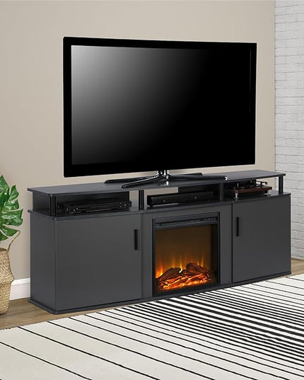 Ameriwood Home Carson Fireplace TV Stand for TVs up to 70 Inch, Replaceable Electric Fireplace Insert Heater, Realistic Log and Flame Effect, For Living Room or Bedroom, Gray - LeafyLoom