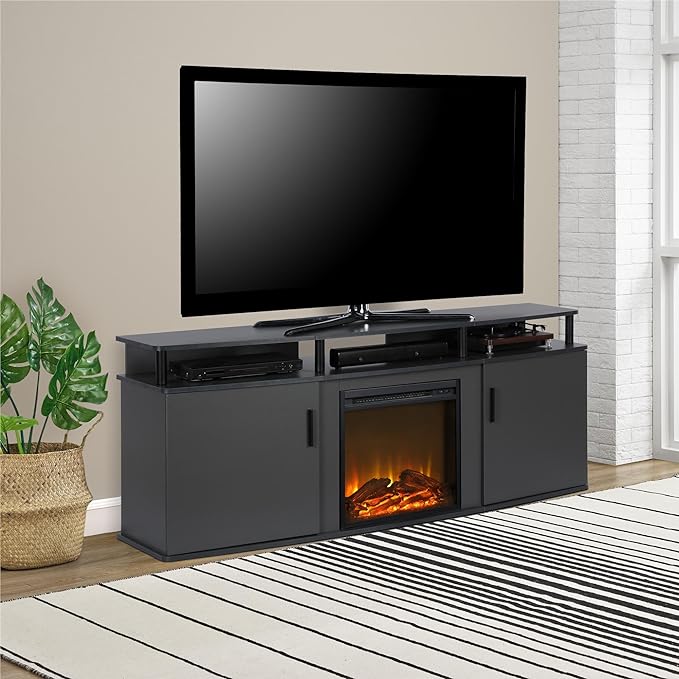 Ameriwood Home Carson Fireplace TV Stand for TVs up to 70 Inch, Replaceable Electric Fireplace Insert Heater, Realistic Log and Flame Effect, For Living Room or Bedroom, Gray - LeafyLoom