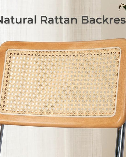 Dining Chair Set of 2, Mid-Century Modern Rattan Dining Chairs with Metal Chrome Legs, Natural Cane Backrest Upholstered for Home Kitchen，Dining Room and Patio, Pink - LeafyLoom