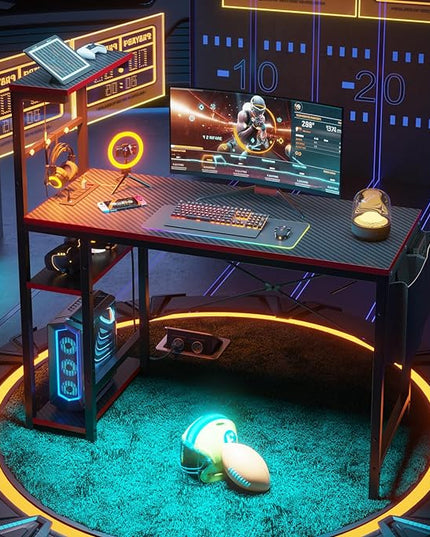 Bestier Gaming Desk with Power Outlets, 44 Inch Led Gamer Desk with 4 Tiers Reversible Shelves, PC Gaming Table with Headset Hook & Side Storage Bag for Bedroom (Black 3D Carbon Fiber) - LeafyLoom