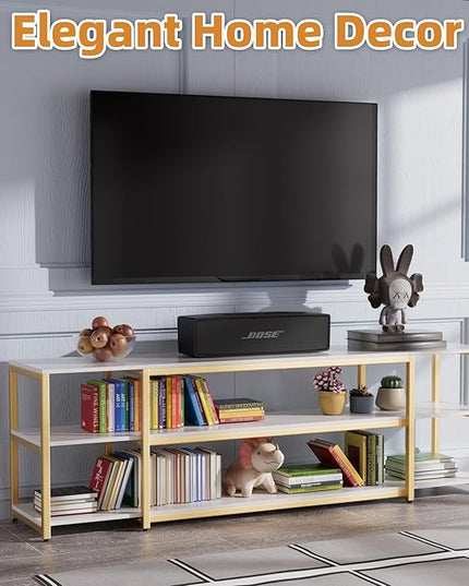 Aquzee 75in Long TV Stand for 32-85 Inch TVs, Under TV Console Table with 3-Tier Shelves, Industrial White TV Cabinet and Entertainment Center for Living Room, Bedroom, Gaming Room - LeafyLoom
