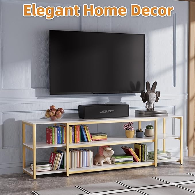 Aquzee 75in Long TV Stand for 32-85 Inch TVs, Under TV Console Table with 3-Tier Shelves, Industrial White TV Cabinet and Entertainment Center for Living Room, Bedroom, Gaming Room - LeafyLoom