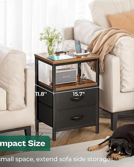 Nightstands Set of 2, End Tables with Charging Station, Side Tables with Fabric Drawers, Bedside Tables with USB Ports and Outlets, Night Stands for Bedroom, Rustic Brown and Black - LeafyLoom