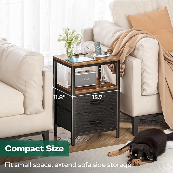 Nightstands Set of 2, End Tables with Charging Station, Side Tables with Fabric Drawers, Bedside Tables with USB Ports and Outlets, Night Stands for Bedroom, Rustic Brown and Black - LeafyLoom