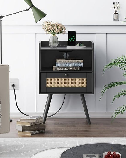 SUPERJARE Nightstands with Charging Station, Bedside Table Set of 2 with PE Rattan Drawers, Rattan Side Table with Storage & Solid Wood Feet, End Table for Bedroom, Black - LeafyLoom