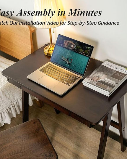 Computer Desk with Drawers, Solid Wood Writing Desk, Mid Century Modern Home Office Desks, Oak Study Table, Small Desk for Bedroom, 29.1 H x 31.5 W x 19.7 D Inches, Walnut - LeafyLoom