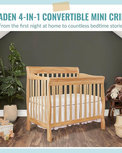 Aden 4-in-1 Convertible Mini Crib In Natural, Greenguard Gold Certified, Non-Toxic Finish, New Zealand Pinewood, With 3 Mattress Height Settings - LeafyLoom