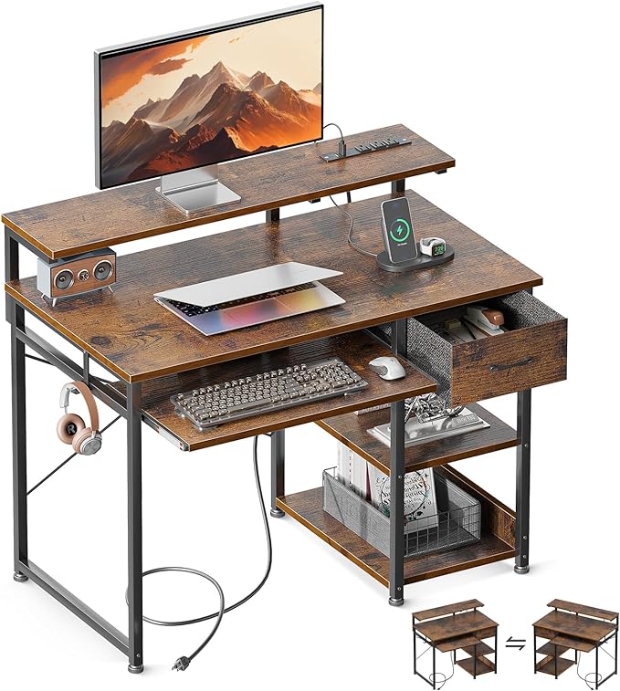 AODK Small Computer Desk with Keyboard Tray, 40 Inch Office Desk with Power Outlet, Work Desk with Drawer, Reversible Desk with Adjustable Monitor Shelf and Storage Shelf for Home, Rustic Brown - LeafyLoom