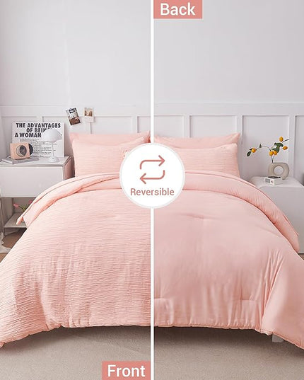 8 Piece Woven Texture Pink King Size Comforter Set, Bed in A Bag Bedding King with Comforter and Sheets, Soft Lightweight Comforter Set with Deocor Throw Pillow, Pink - LeafyLoom