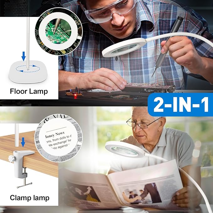 HITTI 10X Magnifying Glass with Light and Clamp, Hands Free Magnifying Floor Lamp with Flexible Gooseneck, 3 Color Stepless Dimmable LED Lighted Magnifier Light Stand for Esthetician Craft Close Works - LeafyLoom