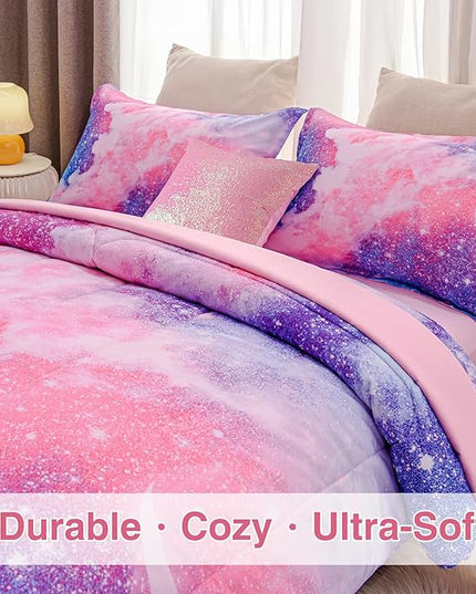 A Nice Night Galaxy Bedding Sets Outer Space Comforter 3D Printed Space Quilt Set Twin 6Pcs Glitter Pink,for Children Boy Girl Teen Kids - LeafyLoom