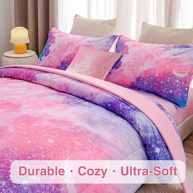 A Nice Night Galaxy Bedding Sets Outer Space Comforter 3D Printed Space Quilt Set Twin 6Pcs Glitter Pink,for Children Boy Girl Teen Kids - LeafyLoom