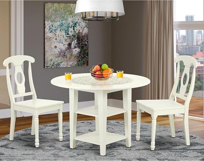 East West Furniture SUKE3-LWH-W Sudbury 3 Piece Kitchen Set for Small Spaces Contains a Round Table with Dropleaf & Shelves and 2 Dining Room Chairs, 42x42 Inch - LeafyLoom