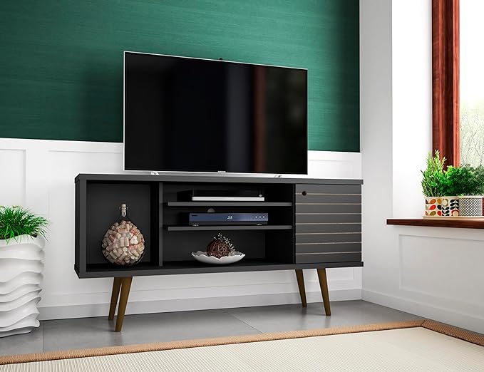Manhattan Comfort Liberty Mid Century Modern TV Stand for Televisions up to 50 Inches, Bedroom and Living Room Entertainment Center with Storage, Shelves, and Cabinet, 53" Wide, Black - LeafyLoom
