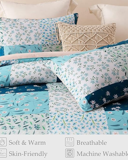 Whale Flotilla King Comforter Set, Soft Reversible Blue Bedding Comforter Set with Boho Pattern, 1 Micoriber Patchwork Comforter and 2 Pillow Shams, 3 Pieces - LeafyLoom