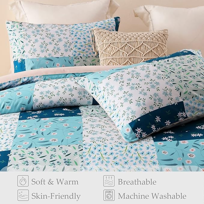 Whale Flotilla King Comforter Set, Soft Reversible Blue Bedding Comforter Set with Boho Pattern, 1 Micoriber Patchwork Comforter and 2 Pillow Shams, 3 Pieces - LeafyLoom