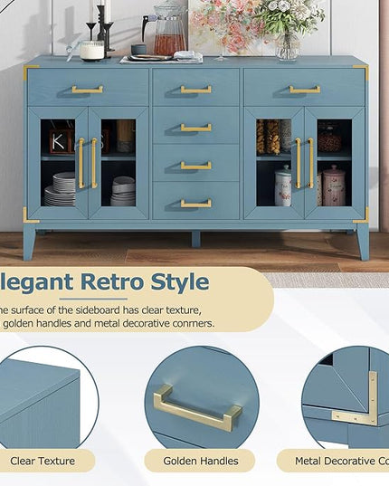 60" Retro Sideboard with 6-Drawer and 2-Cabinet,Multifunctional Buffet,w/Gold Handles & Solid Wood Legs,Extra Large Storage Space,for Kitchen and Living Room,Antique Blue - LeafyLoom