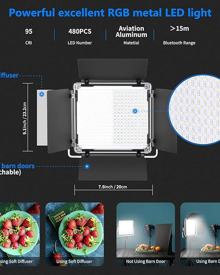NEEWER 2 Packs 480 RGB Led Light with APP Control, Photography Video Lighting Kit with Stands and Bag, 480 SMD LEDs CRI95/3200K-5600K/Brightness 0-100%/0-360 Adjustable Colors/9 Applicable Scenes Neewer